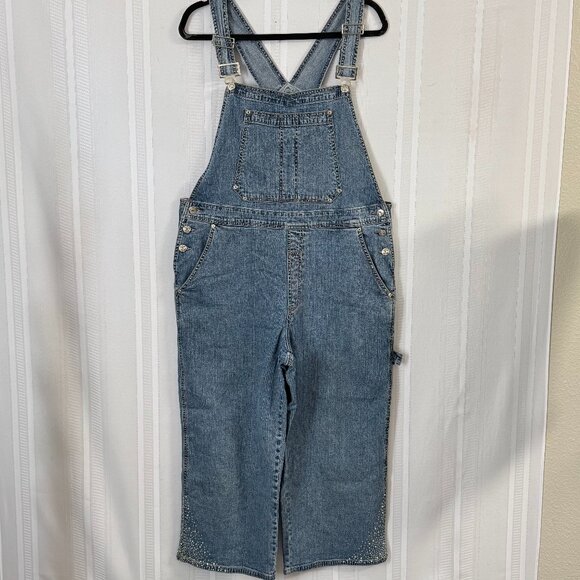 Ethyl Vintage Denim Rhinestone Capri Overalls Size Large - Picture 1 of 11